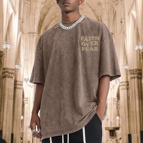 Christian Shirts for Men Faith Over Fear Oversized Tees - color: Coffee, size: XX-Large
