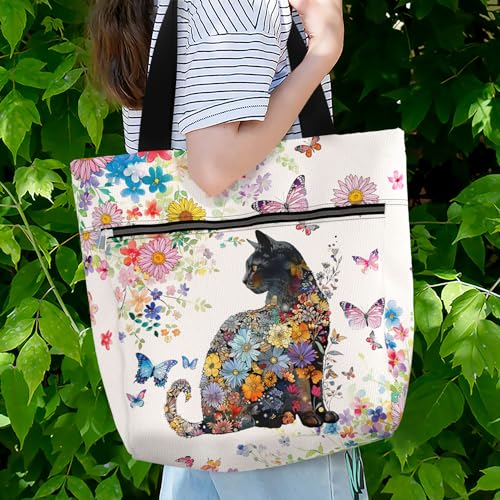 Waterproof Tote Bag with Pockets and Zipper for Work. Shoulder Bag for Women. Gift for Cat Lover Cat Owner. - color: Flower Pattern