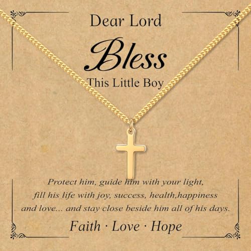 Small Cross Necklace for Boys Baptism Christmas Confirmation Valentines Easter Birthday Gifts to Teens Son Grandson Nephew - color: gold, style: bless this boy