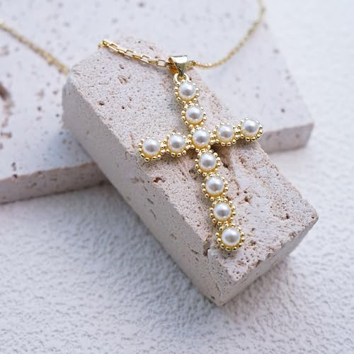 Gold Cross Necklace for Women, 14K Gold Plated - style: Pearl Cross