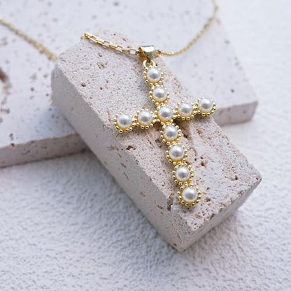 Gold Cross Necklace for Women, 14K Gold Plated - style: Pearl Cross