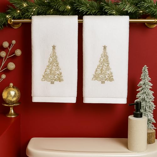 Christmas White Guest Hand Bathroom Towels, Elegant Gold XMas Tree, 16x26" - color: Gold Tree