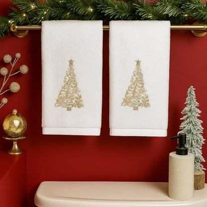 Christmas White Guest Hand Bathroom Towels, Elegant Gold XMas Tree, 16x26" - color: Gold Tree