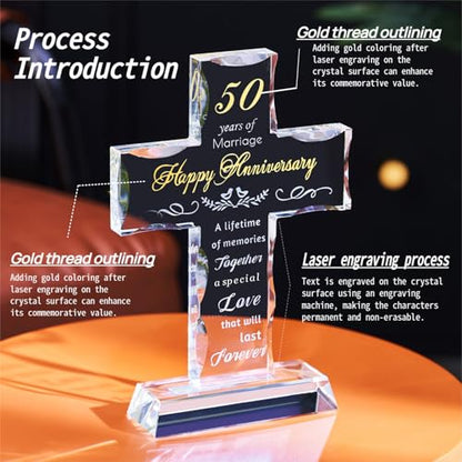 50th Wedding Anniversary Religious Cross Gifts for Women Men, 50 Year Anniversary Romantic Gift for Him Her, Laser Engraved Glass Standing Cross Keepsake for Couple, 50 Years of Marriage Present(50th Anniversary)