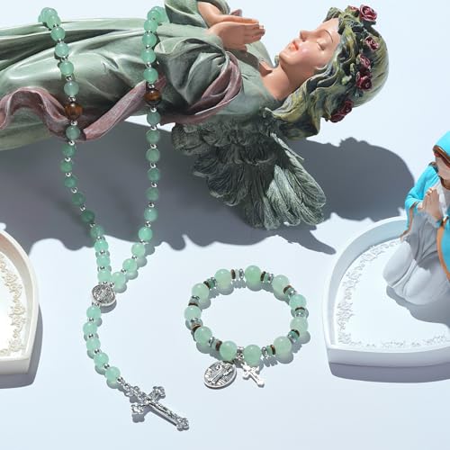 Rosary for Men Women, Natural Stone Beads with St. Benedict Bracelet - color: Green