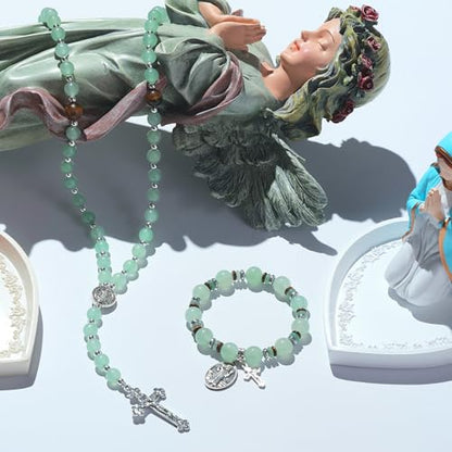 Rosary for Men Women, Natural Stone Beads with St. Benedict Bracelet - color: Green