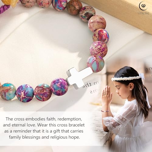 UPROMI Cross Bracelet for Girls Baptism Communion Confirmation Gifts, Kindergarten/Preschool/5th Grade/8th Grade Graduation Gifts - style: Dear Lord bless this little girl - Violet