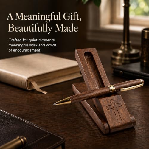Wooden Christian Pen & Holder with Engraved Cross – Faith Gift For Christian Men and Women. Pastor Appreciation. Religious Pen Desk Accessory.