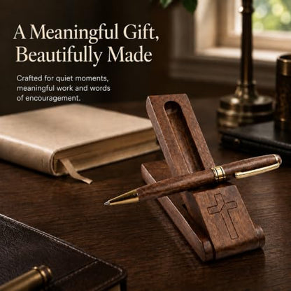 Wooden Christian Pen & Holder with Engraved Cross – Faith Gift For Christian Men and Women. Pastor Appreciation. Religious Pen Desk Accessory.