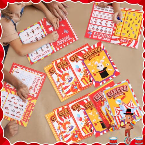 Kosiz 24 Pack Circus Activity Books for Kids Party Favors, 6.8 x 4.8 Inch Game Booklets with 8 Cover Styles, Double Sided Pages, Dot to Dot Crossword Games for Carnival Goodie Bags - style: Circus