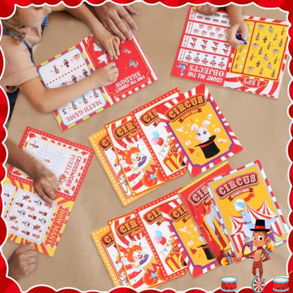Kosiz 24 Pack Circus Activity Books for Kids Party Favors, 6.8 x 4.8 Inch Game Booklets with 8 Cover Styles, Double Sided Pages, Dot to Dot Crossword Games for Carnival Goodie Bags - style: Circus
