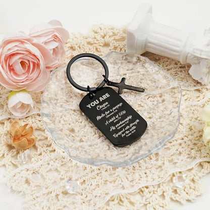 Keychain for Men Boys, Dog Tag Style Key Chain, Black Key Rings Birthday Christmas Veteran Day Gifts - style: Christian