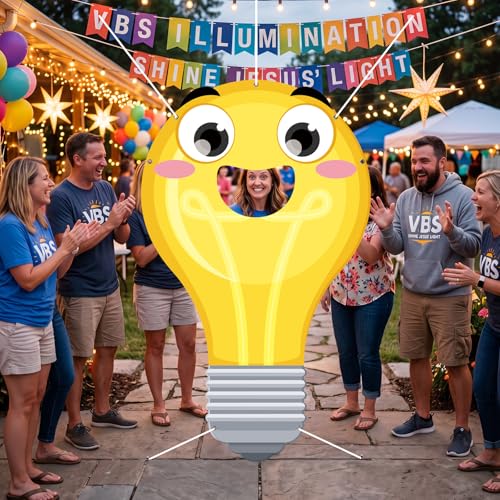 WovWeave VBS 2026 Light Bulb Face Hole Photo Booth Prop, Illumination Party Backdrop for Vacation Bible School, Sunday School Church Classroom Decorations, Funny Cartoon Photography Banner 71"x43" - style: Light Bulb