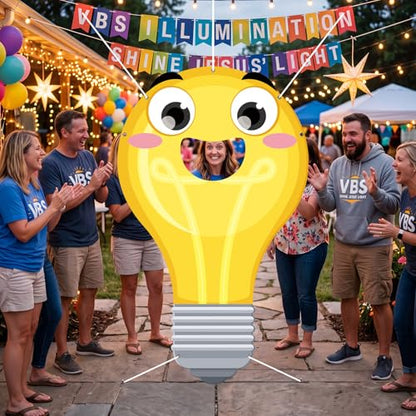 WovWeave VBS 2026 Light Bulb Face Hole Photo Booth Prop, Illumination Party Backdrop for Vacation Bible School, Sunday School Church Classroom Decorations, Funny Cartoon Photography Banner 71"x43" - style: Light Bulb