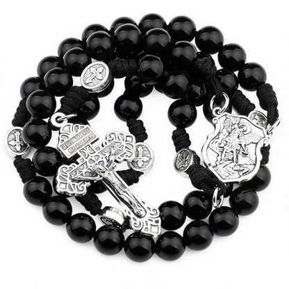 HanlinCC Stone Beads St.Michael Paracord Catholic Rosary with Bag for Men - style: Black Agate