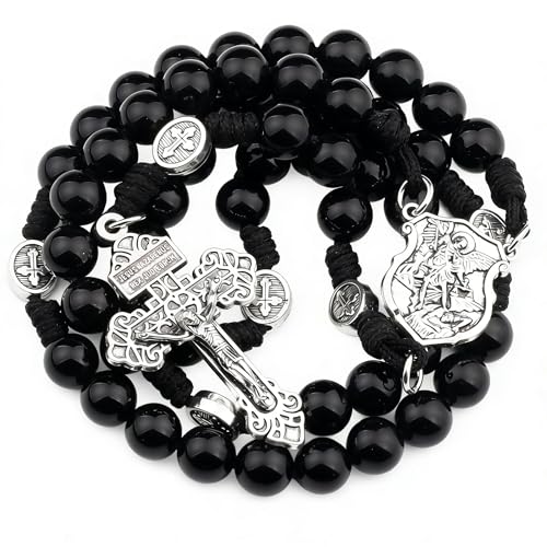 HanlinCC Stone Beads St.Michael Paracord Catholic Rosary with Bag for Men - style: Black Agate