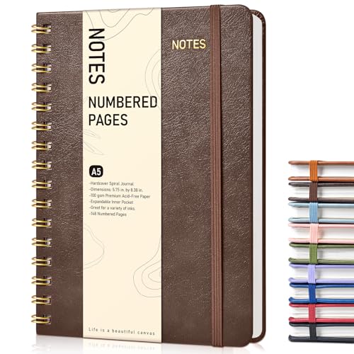 Lined Spiral Journal Notebook, A5 Hardcover Spiral Journals for Women Men, 150 Numbered Pages Spiral Bound Notebook, 100 GSM College Ruled Notebooks for Writing Note Taking 5.75" x 8.38", Dark Brown - color: DarkBrown