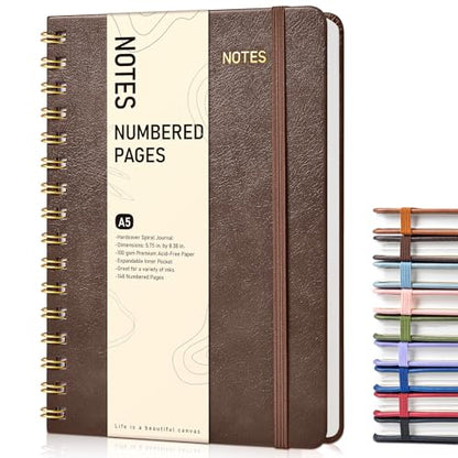 Lined Spiral Journal Notebook, A5 Hardcover Spiral Journals for Women Men, 150 Numbered Pages Spiral Bound Notebook, 100 GSM College Ruled Notebooks for Writing Note Taking 5.75" x 8.38", Dark Brown - color: DarkBrown