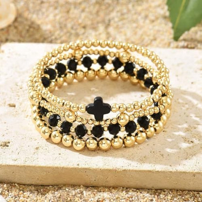Colorful Cross Charm Bracelets for Women Men Adjustable Gold Plated Beaded Bracelet Boho Bead Ball Stretch Bracelet Birthday Summer Beach Jewelry - color: Black C