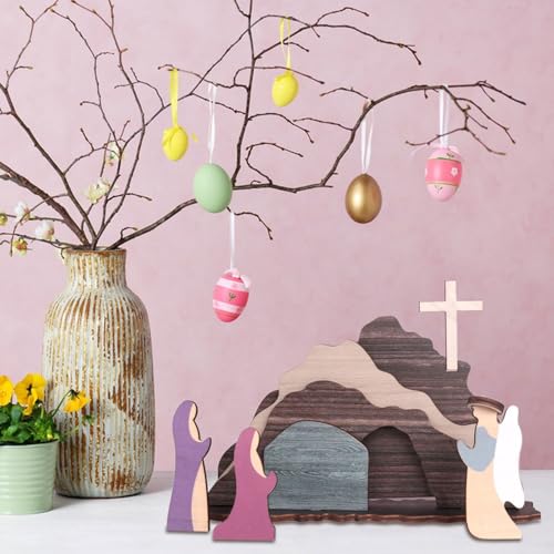 GLLBTPT Easter Decorations Empty Tomb Easter Scene and Cross,Handcrafted Wooden Easter Decorations Jesus for Home Tabletop Office (Scene C)