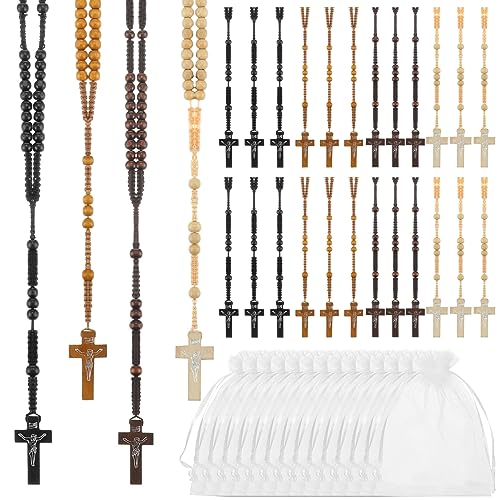 Tenceur 24 Pcs Wooden Rosary Bead Necklace Wood Catholic Carved Beads with Jesus Cross First Communion Rosary Bulk with Organza Bags Baptism Favors Catholic Gift for Men Women - color: Classic Colors
