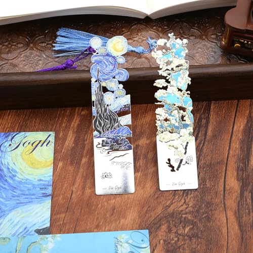 2 Metal Bookmarks with Tassel, Oil Painting Starry Night Over The Rhone and Almond Blossoms, Pretty Bookmarks for Women - style: 《Starry Night Over The Rhone》 and 《Almond Blossoms》
