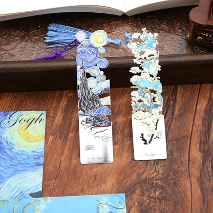2 Metal Bookmarks with Tassel, Oil Painting Starry Night Over The Rhone and Almond Blossoms, Pretty Bookmarks for Women - style: 《Starry Night Over The Rhone》 and 《Almond Blossoms》