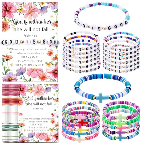 Kenning 24 Sets Christian Cross Bracelets Bulk with Bible Cards Colorful Elastic Stackable God Is Good Beads Bracelets Inspirational Religious Gift for Vbs Sunday School Church