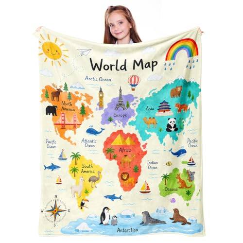 Mosslink World Map Blanket 40"x50", Boys Girls Animal Educational Throw - color: Yellow-world Map