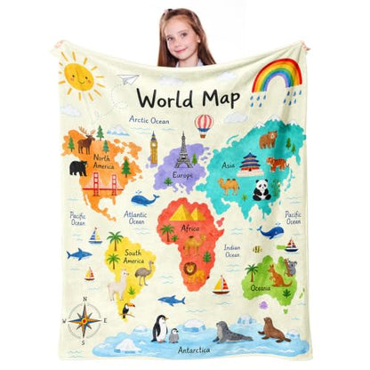 Mosslink World Map Blanket 40"x50", Boys Girls Animal Educational Throw - color: Yellow-world Map