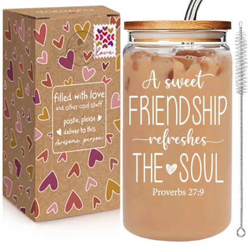A Sweet Friendship Refreshes The Soul Christian Gifts for Women, Friendship Gifts for Women Sister Friends, Bible Verses Glass Cups Tumbler Cups W Lids Straws, Inspirational Religious Birthday Cup