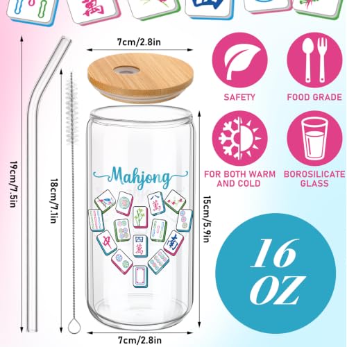 Teenyyou 12 Set of Mahjong Glass Cup with Bamboo Lid and Glass Straw 16oz Mahjong Glasses Jar Summer Drinking Cups Beer Iced Coffee Cup Tumbler Mugs for Women Men Birthday Party or Game Night Gifts - style: Mahjong