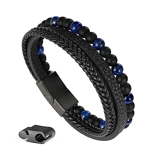 Beaded Leather Bracelets - Gifts for Men, 6mm Tiger Eye Lava Rock Stone Beads Braided Leather Bracelet Handmade Mens Bracelet With Adjustable Magnetic Clasp - color: Black-10