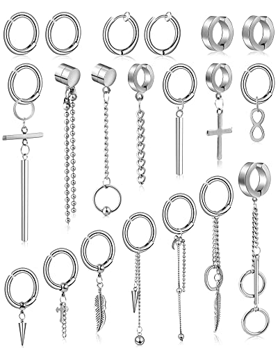 ONESING 20-25 Pcs Clip On Earrings for Men - Dangle Hoop Sterling Non Pierced Fake Piercings - Stainless Steel Silver - color: Silver-20pcs