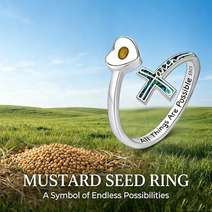 Heart Mustard Seed Cross Rings Adjustable Open Faith Cross Rings Christian Religious Jewelry Gifts for Women Mother Daughter