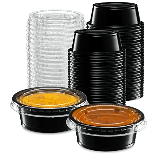 1.5 oz - 100 Sets Black Diposable Plastic Portion Cups With Lids, Small Mini Containers For Portion Controll, Jello Shots, Meal Prep, Sauce Cups, Slime, Condiments Disposable Souffle Cups - color: Black, size: 1.5 Ounce