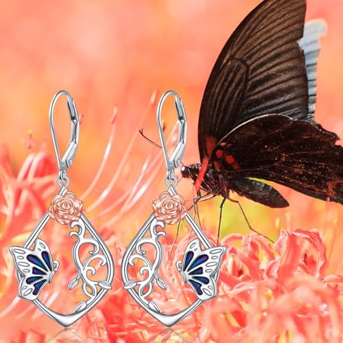 925 Sterling Silver Filigree Dangle Drop Leverback Teardrop Earrings - color: Butterfly Rose