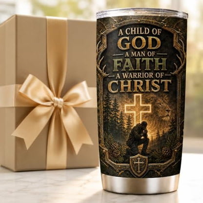 Personalized Christian Gifts For Men - A Child Of God Faith Warrior Christ Man Tumbler V7 - Religious Bible Gifts For Husband, Dad, Grandpa on Fathers Day, Christmas, Birthday - color: CH-VAR-07