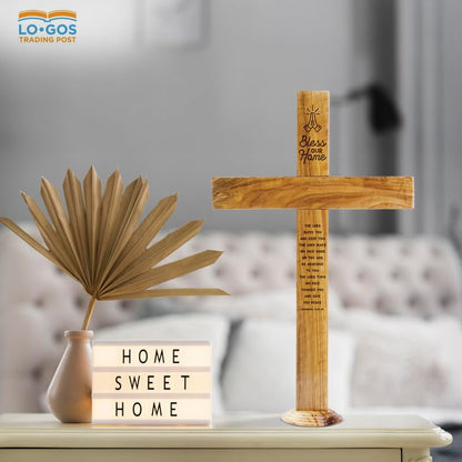 Bless Our Home Memorial Cross Stand for Desk - Genuine Handcrafted Olive Wood Large Wooden Cross From the Holy Land, Engraved Tabletop Cross Statue, Keepsake Religious Gifts for Loss of Loved One - color: Bless Our Home