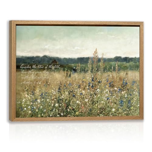 Cyebmo Christian Bible Verse Wall Art, Vintage “Consider the Lilies” Scripture Wall Decor, Rustic Wildflower Canvas Painting, Religious Jesus Artwork for Church Prayer Hospital Wood Framed 20x30 Inch - color: VintageScripture(Wood), size: 30"L x 20"W