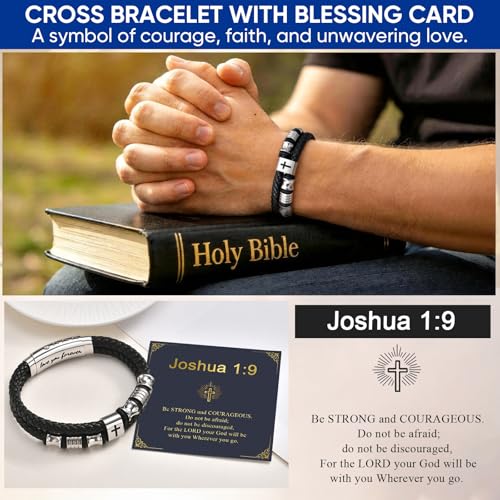Men's Leather Cross Bracelet - Silver Double Row Braided Leather Cross Bracelet for Men with Inspirational Bible Verse Card, Faith Christian Religious Gift for Husband Son on Baptism Easter Birthday - color: Joshua 1:9