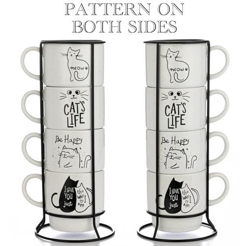 Signature Housewares Stackable Coffee Mug Tower Set with Metal Wire Rack - 15 Ounce Coffee Mugs for Coffee, Tea, Cocoa, Milk, Cappuccino, Hot Chocolate Set of 4 - Cat's Life - color: Cat's Life, size: 15oz