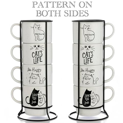 Signature Housewares Stackable Coffee Mug Tower Set with Metal Wire Rack - 15 Ounce Coffee Mugs for Coffee, Tea, Cocoa, Milk, Cappuccino, Hot Chocolate Set of 4 - Cat's Life - color: Cat's Life, size: 15oz