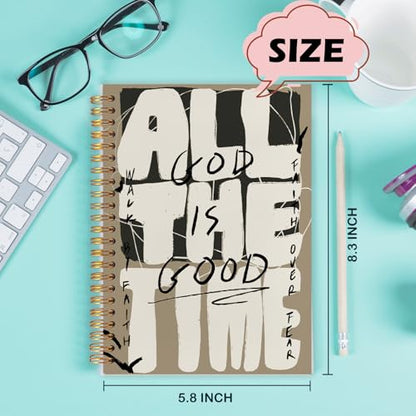Christian Spiral Notebooks, God Is Good All the Time Bible Journaling Notebook, Religious Journals for Writing, Bible Notebook for Note Taking, Christian Gifts for Women Men, 5.5x8.3 Inch - color: brown