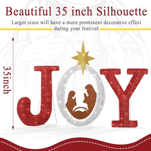 3 Pcs 35 Inch Outdoor Joy Christmas Nativity Scene Decorations w/ 110 LED Lights - Lighted Nativity Yard Sign for Xmas Outdoor Indoor Garden Lawn Holiday Decor