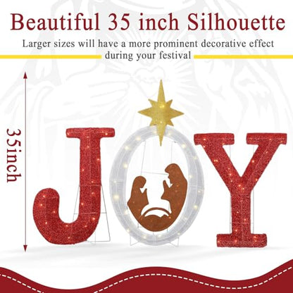 3 Pcs 35 Inch Outdoor Joy Christmas Nativity Scene Decorations w/ 110 LED Lights - Lighted Nativity Yard Sign for Xmas Outdoor Indoor Garden Lawn Holiday Decor