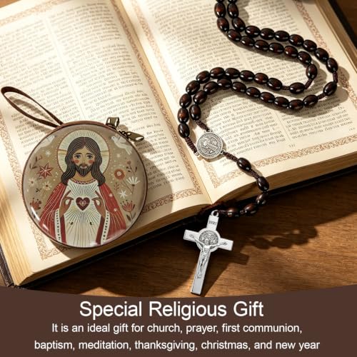 Wooden Catholic Rosary Beads, Rosarios Catolicos with Decorative Prayer Box - color: Brown (7)