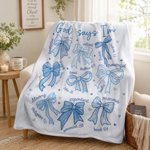 Blue Bow Christian Throw Blanket, Religious Flannel Blanket Gifts - color: Blue Bow