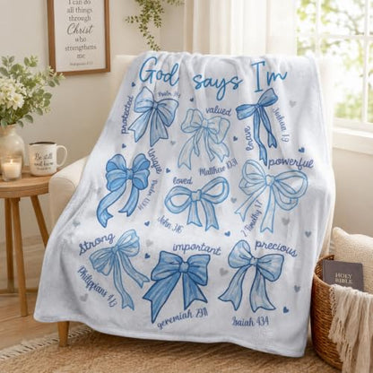 Blue Bow Christian Throw Blanket, Religious Flannel Blanket Gifts - color: Blue Bow