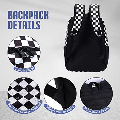 UREYMX Checkered Backpack - School Backpack for Kids, Large Capacity, Waterproof, Lightweight, Black - color: 3 in 1 Black and White Plaid